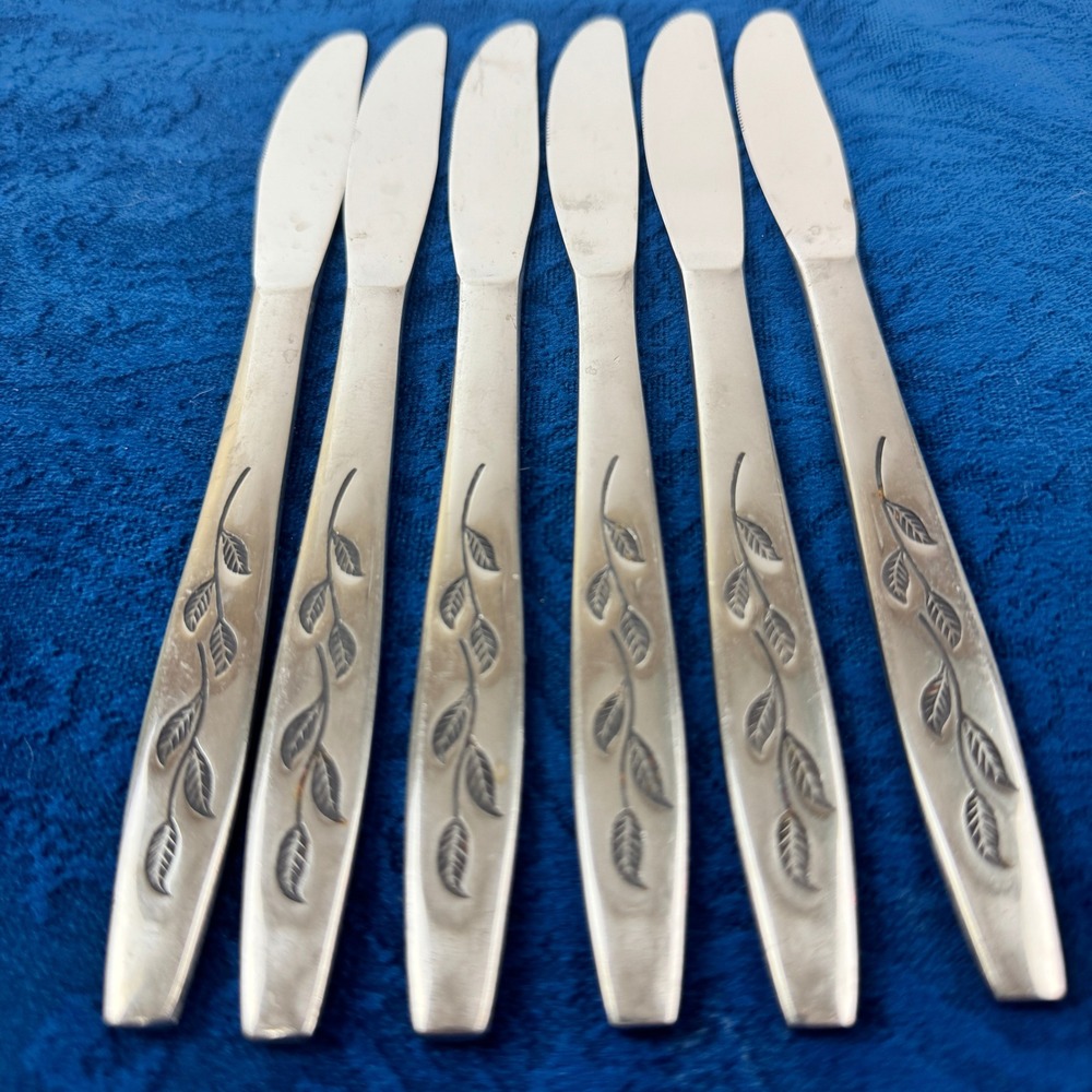 National Stainless Haiti Dinner Knives Set of 6 Leaf Pattern Japan Vintage‎ MCM